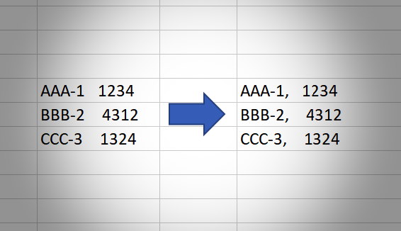 Как добавить запятую после первого слова в каждой ячейке Excel?